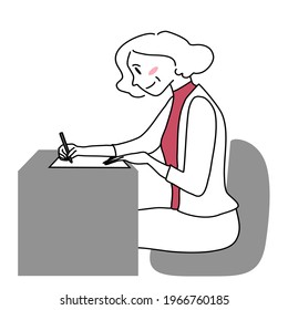 Mature woman filling out application form at desk. Senior businesswoman sitting at desk and writing on paper. Elderly woman writing at desk. Happy female applicant filling out job application form.