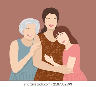 Mujer madura con su hija adulta y su madre. Nieta sonriente, madre y abuela abrazándose. Estilo minimalista. Abuela, madre y hija abrazándose con amor. La condición de mujer y el poder femenino