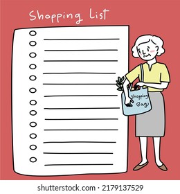 Mature Woman Holding Bag And Shopping List. Shopping List Template With Stripe Lined For Writing List On It And Tick Boxes For Checking With A Doodled Illustration Of Shopper On The Right Side Of Page