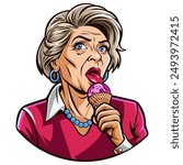 A mature woman licks ice cream with her tongue. Vintage pin-up logo with a sexy cartoon old lady. A template for funny design of clothes, stickers and souvenirs. Vector illustration.