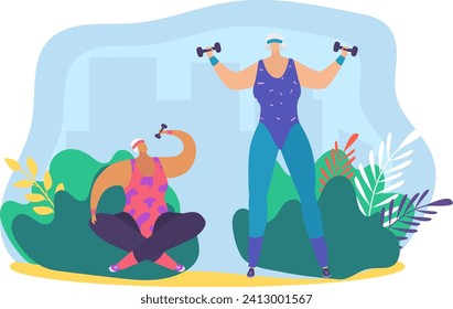 Mature woman lifting weights, senior woman exercising with dumbbells, active elderly female workout. Fitness routine for older adults, healthy aging, gym activity vector illustration.