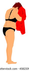 Mature woman on the beach vector illustration. Senior lady dries with towel, after sunbathing on the beach. Tourist standing in swimwear vector. Active life. Skin care.