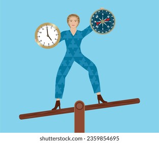 Mature woman on teeter board, trying to hold balance between time and direction. Holding clock and compass. Square. Vector illustration.