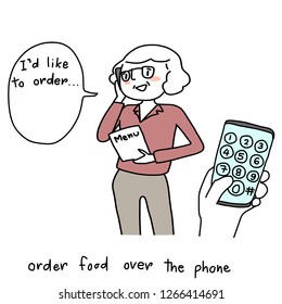 Mature woman ordering food over the phone. Happy female client holding menu and talking on the phone to order food delivery. Close-up hand touching mobile phone screen, dialing food delivery number.