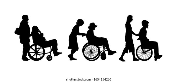 Mature woman pushing strolling with disabled man patient in wheelchair vector silhouette. Patient in wheelchair isolated on white. Nurse support injured man. Hospital paramedic Social worker activity.