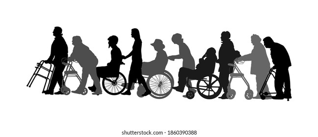 Mature woman pushing strolling with disabled man vector silhouette. Patient in wheelchair isolated on white. Nurse support injured person. Hospital patient with walker rehabilitation recovery activity