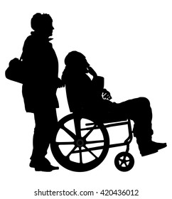 Mature woman pushing strolling with disabled man patient in wheelchair vector silhouette. Patient in wheelchair isolated on white. Nurse support injured man. Hospital paramedic Social worker activity.