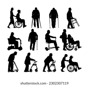 Mature woman pushing strolling with injured man patient in wheelchair vector silhouette illustration isolated. Nurse support collapsed person. Hospital care senior in rehabilitation recovery activity.