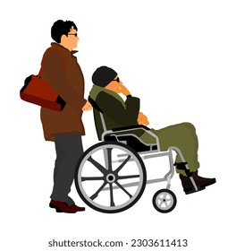 Mature woman pushing strolling with injured man patient in wheelchair vector illustration isolated. Nurse support collapsed person. Hospital care for senior during rehabilitation recovery activity.