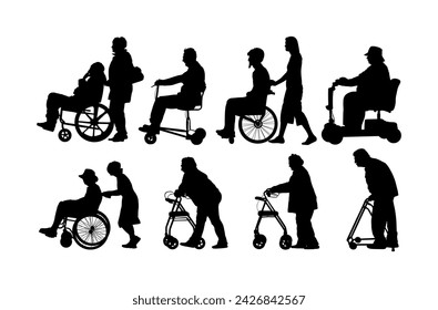 Mature woman pushing strolling with injured man patient in wheelchair vector silhouette illustration isolated. Nurse support collapsed person. Hospital care senior in rehabilitation recovery activity.