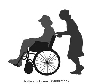 Mature woman pushing strolling with senior man patient in wheelchair vector silhouette. Patient in wheelchair isolated on white. Nurse support injured man. Hospital paramedic Social worker activity.