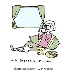 Mature woman reclining on pillows comfortably, eating potato chips and looking at the sky through the window. Happy introverted person on holidays with woman lying at rest with cat and eating snack.
