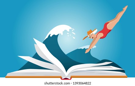 Mature woman in red bathing suit diving into a book, sea wave behind it, EPS 8 vector illustration