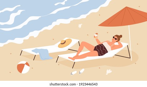 Mature woman relaxing and chilling on sandy beach at seaside resort on summer vacation. Female character lying on chaise lounge under umbrella and drinking cocktail. Colored flat vector illustration