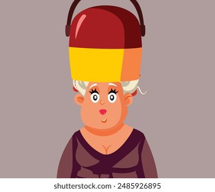 
Mature Woman at the Salon Using hair Dryer Helmet Vector Cartoon. Lady perming her hair in a vintage style 
