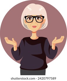 
Mature Woman Shrugging feeling Undecided Vector Cartoon Character. Funny granny having uncertain but positive attitude 
