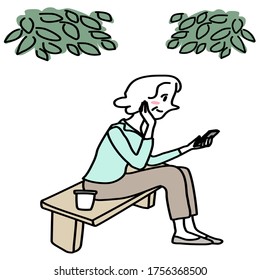 Mature woman sitting alone in park using phone. Happy senior woman sitting on bench in park, reading chat message on smartphone. Vector illustration with hand-drawn style.