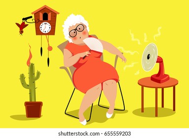 Mature Woman Sitting In Her House In A Very Hot Summer Day, Suffering Heat Exhaustion,  EPS 8 Vector Illustration, No Transparencies