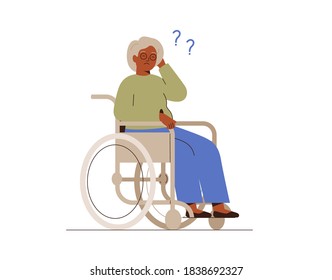 Mature Woman Sitting In A Wheelchair And Has Memory Problems. Black Senior Disabled Female Forgot Something. Concept Of Memory Loss And Alzheimer's Disease. Vector Illustration