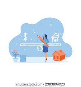 A mature woman is standing while holding a pencil. Create and draw money icons and house scales on the board. House Model Balance Equilibrium concept. Trend Modern vector flat illustration