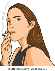 Mujer madura con cabello negro y marrón largo fumando un cigarrillo