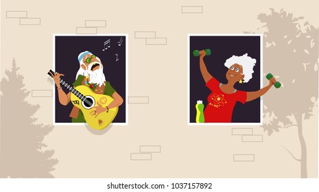 Mature woman working out at the window, listening her old hippy neighbor playing guitar and singing, EPS 8 vector illustration