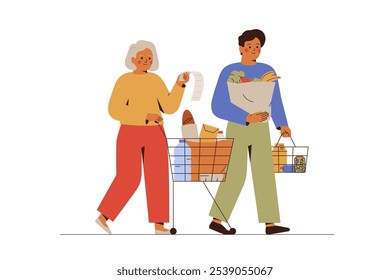 Mujer Adultas y hombre joven haciendo compras. Las ancianas y las cuidadoras voluntarias van con Carrito y bolsas llenas de alimentos y bebidas frescas. Familia compra productos en supermercado y comprueba gastos. Vector