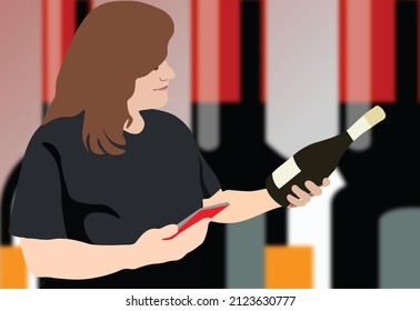 mature women choosing wine and hold the one wine bottle in store with blurred background