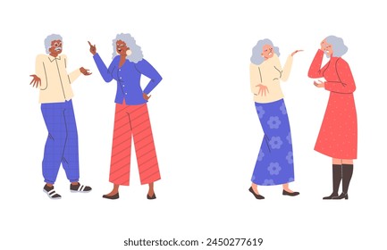 Mature women in a conversation. Vector illustration set featuring two pairs of elderly ladies engaged in discussion, dressed in colorful attire.