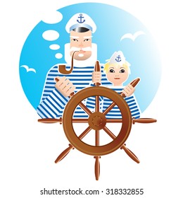 Mature and young captains rule the ship, vector illustration