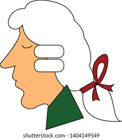 A matured man in a green top, white wig tied together with a red ribbon, has a long unpointed nose and with his eyes closed looks peaceful viewed from the side, vector, color drawing or illustration.