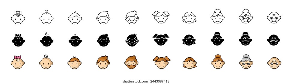 Maturing icons collection. Maturing set. Linear, silhouette and flat style. Vector icons