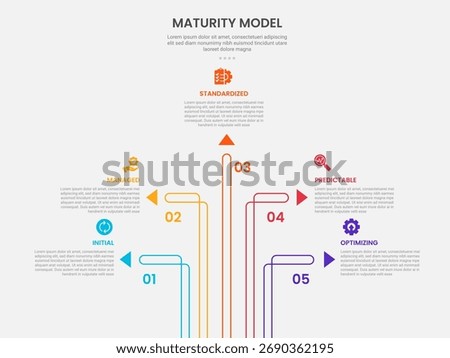 maturity model infographic outline style with 5 point template with creative arrow line spreading around for slide presentation vector