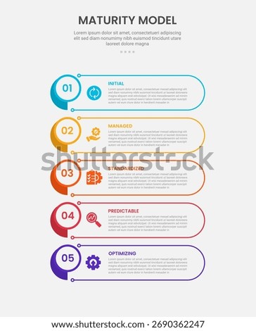 maturity model infographic outline style with 5 point template with round rectangle container box with circle badge edge for slide presentation vector