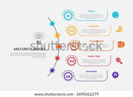 maturity model infographic outline style with 5 point template with long half circle line with dotted circle line point for slide presentation vector