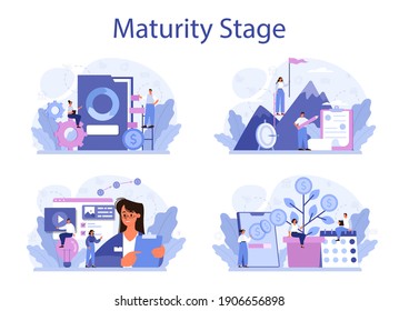 Maturity stage concept set. Project life cycle period. Successful business strategy. Business project implementation and development. Vector illustration in cartoon style