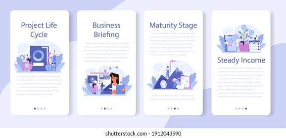 Maturity stage mobile application banner set. Project life cycle period. Successful business strategy. Business project implementation and development. Vector illustration in cartoon style