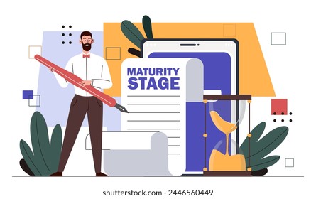 Maturity stage online concept. Businessman with pencil near document. Office worker and employee with deal. Quality business solution. Cartoon flat vector illustration isolated on white background