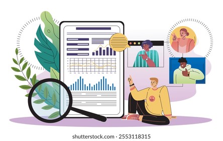 Estágio de maturidade online. Homens com lupa perto de gráficos e diagramas. Infográficos sociais, sociologia. Educação e formação. Ilustração de vetor plano isolada no plano de fundo branco