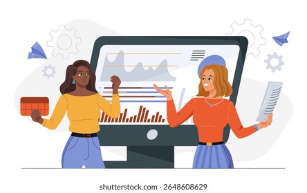 Estágio de maturidade online. As mulheres ficam perto da tela do computador com gráficos e tabelas. Representação de cronograma. Análise de negócios. Consultor e analista. Ilustração de vetor plano