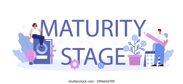 Encabezado tipográfico de la etapa de madurez. Período del ciclo de vida del proyecto. Estrategia comercial exitosa. Ejecución y desarrollo de proyectos empresariales. Ilustración vectorial en estilo de caricatura