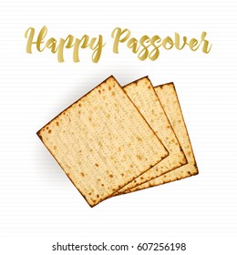 Matzah bread, realistic vector illustration and Happy Passover greeting text. Traditional Jewish holidays card.