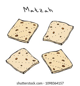 Matzah or Matzo, Unleavened bread for Pesach, Jewish holiday of Passover, isolated on white background, design element. Realistic Hand Drawn Illustration. Savoyar Doodle Style.