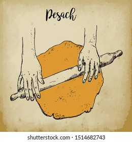 Matzhah for Pesach making sketch vector illustration in vintage old style. Passover holiday, matzah, Jewish traditional bread for Passover seder ceremony, religion sign.