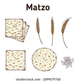 Matzo cooking and ingredients for matzo illustration. Middle eastern cuisine. Traditional passover food, design elements. Hand drawn, menu and package design. Jewish food.