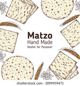 Matzo cooking and ingredients for matzo illustration. Middle eastern cuisine frame. Traditional passover food, design elements. Hand drawn, menu and package design. Jewish food.