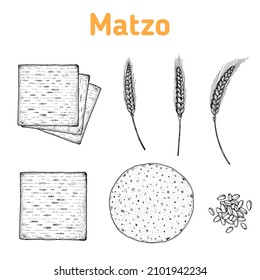 Matzo cooking and ingredients for matzo illustration. Middle eastern cuisine. Traditional passover food, design elements. Hand drawn, menu and package design. Jewish food.