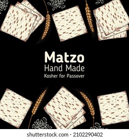 Matzo cooking and ingredients for matzo illustration. Middle eastern cuisine frame. Traditional passover food, design elements. Hand drawn, menu and package design. Jewish food.