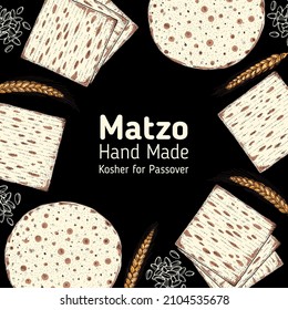 Matzo cooking and ingredients for matzo illustration. Middle eastern cuisine frame. Traditional passover food, design elements. Hand drawn, menu and package design. Jewish food.