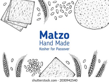 Matzo cooking and ingredients for matzo, sketch illustration. Middle eastern cuisine frame. Traditional passover food, design elements. Hand drawn, menu and package design. Jewish food.